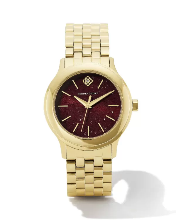Alex Gold Tone Stainless Steel 35Mm Watch In Burgundy Quartz^Kendra Scott New