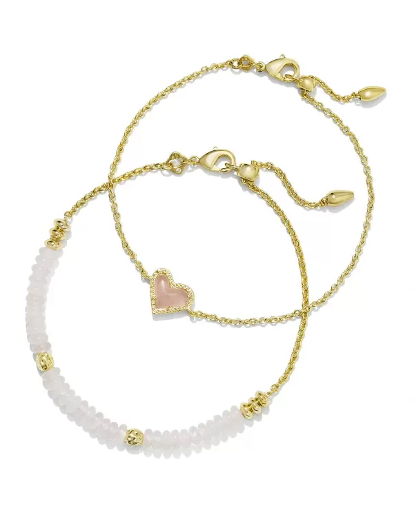 Ari Heart Gold Delicate Chain Bracelet Set Of 2 In Rose Quartz^Kendra Scott New