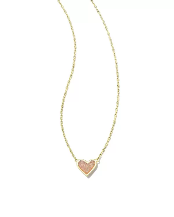 Framed Ari Heart Gold Short Pendant Necklace In Light Pink Drusy^Kendra Scott New